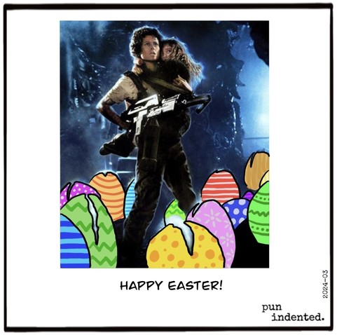 A movie poster of Aliens 2. Ripley stands between alien eggs, holding her flamethrower. The eggs are colorfully painted like easter eggs.