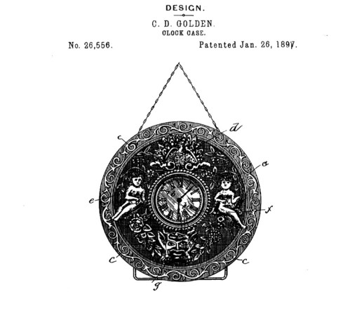 from the spec (slightly cleaned up): "The leading feature of my design consists of a circular frame (in the center of which is located a circular clock-face upon the circular peripheral space forming the border of the frame is a scroll in bass relief, and between this peripheral space and that occupied by the clock-face are figures in bass relief, as follows: at the top a peacock (with its plumage displayed, at the left a child in i a sitting posture grasping a pen in the right lilies-of-the-va…