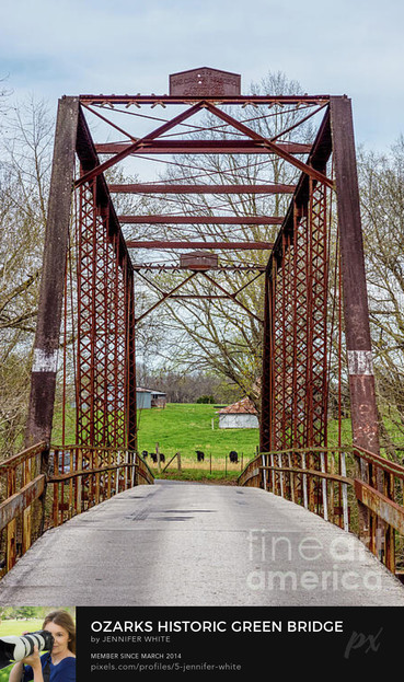 The historic Green Bridge built in 1912 in Ozark, Missouri was shut down in Feb this year due to safety issues. It crosses over Finley River and has been through to many floods. I took this a few years ago before they shut it down.
