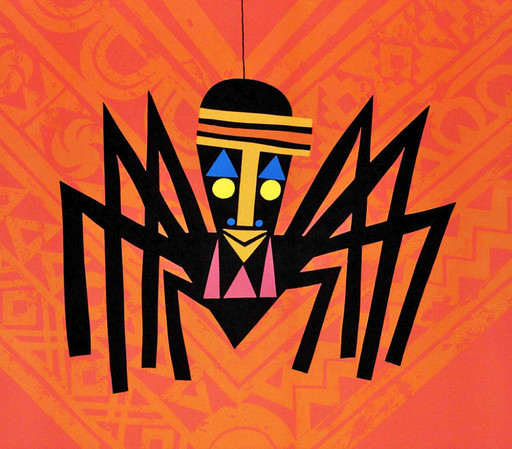 Drawing of Anansi as a spider with a human head with a black body and yellow mouth, nose, and eyes against an orange background.