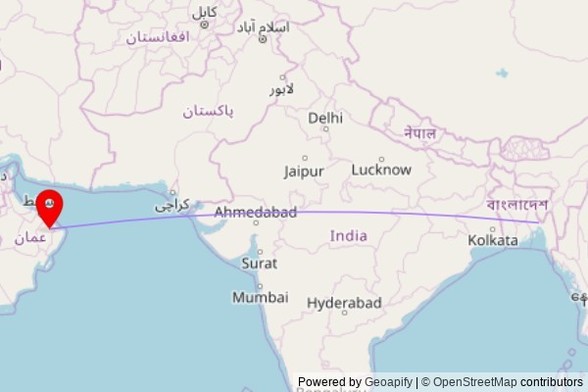 A map showing the great circle route from Sujapur in Bangladesh to a map pin at mousqe, Adh Dhahir, Ash Sharqiyah North Governorate, Oman