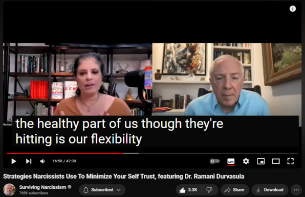 https://www.youtube.com/watch?v=p9DyAeeST5Q
Strategies Narcissists Use To Minimize Your Self Trust, featuring Dr. Ramani Durvasula

40,912 views  Premiered on 26 Mar 2024
Dr. C is joined by Dr. Ramani Durvasula, who discusses information from her latest book, It's Not You.  Specifically, she walks us through some of the most common ways narcissists whittle at your capacity to trust in yourself.