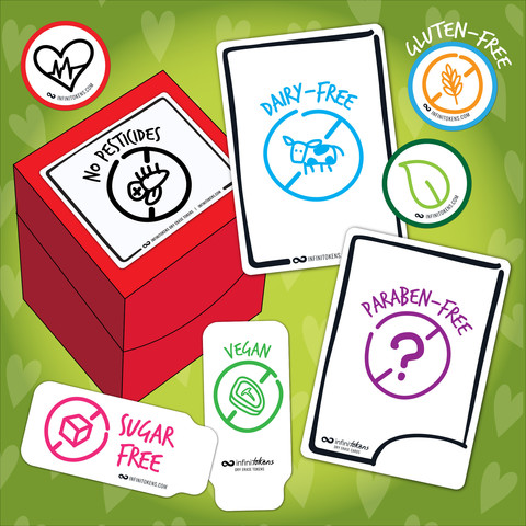 A picture of InfiniTokens dry erase accessories (cards, counters, tags and deck box labels) with icons on them that say "Dairy-free, paraben-free, sugar free, gluten-free, vegan and no pesticides".