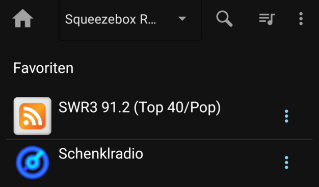 Screenshot der Android-App Squeezer. Es wird ein Teil der Favoritenliste angezeigt. Darauf stehen SWR3 und SchenklRadio.