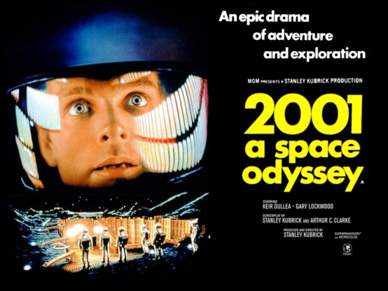 2001 a space odyssey movie poster.

On the left hand column there are two pictures: top left, Keir Dullea as Dave Bowman is looking up while his helmet reflects the light from HAL9000’s holographic data banks.

Bottom left, a picture of astronauts around TMA-1 on the moon.

On the right side, text is set in Futura in white and yellow.

Top right:  An epic drama of adventure
and exploration.

Below that: MGM PRESENTS A STANLEY KUBRICK PRODUCTION

Center right: 2OO1 a space odyssey set in yellow.…