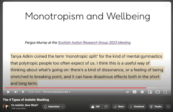 https://www.youtube.com/watch?v=36-K-HW3syc
The 4 Types of Autistic Masking

369,693 views  21 Dec 2023  #actuallyautistic
Although the concept of masking/camouflaging has been discussed since the end of the last century (e.g. by Lorna Wing in 1981), much of the research is still relatively new and we have a lot to learn! This video is definitely not an exhaustive list of the types of masking. These are just a few categories that really resonated with me and also seem to fit many anecdotes I've heard from the community.