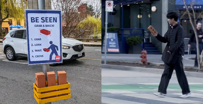 A split image showing a sign with instructions to grab a flag for visibility when crossing the street on the left, and a person actually crossing the road while holding a brick on the right.