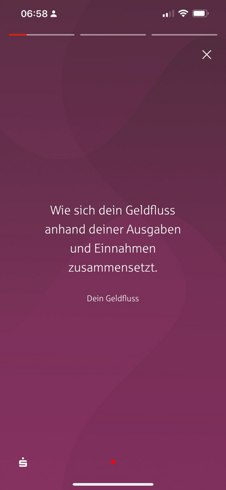 Screenshot von der Sparkasse App: story mit dem Text, wie sich dein Geldfluss anhand deiner Ausgaben und Einnahmen zusammensetzt