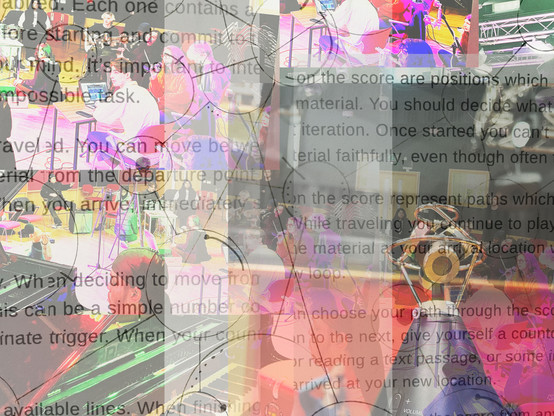 A photo collage of images relating to the City University Experimental Ensemble concert. The images are overlaid to form a scrambled, colourful panel and they are: a photo of the ensemble playing, some parts of a graphic score, some text from the score's instruction sheet, and a photo of a microphone.