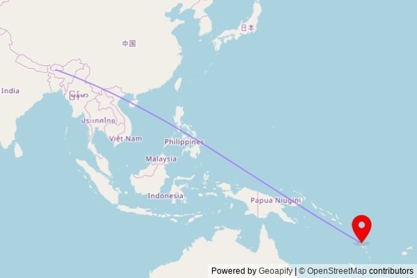 A map showing the great circle route from Tsholingkhar Toed in Bhutan to a map pin at Biria SDA church, President College Street, Banban, Vanuatu