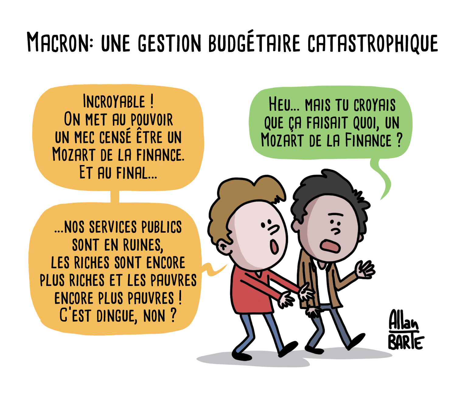 Titre :  Macron: une gestion budgétaire catastrophique

Deux amis parlent en marchant :

- Incroyable ! On met au pouvoir un mec censé être un Mozart de la finance. Et au final...
...nos services publics sont en ruines, les riches sont encore plus riches et les pauvres encore plus pauvres ! C’est dingue, non ?

- Heu... mais tu croyais que ça faisait quoi, un Mozart de la finance ?