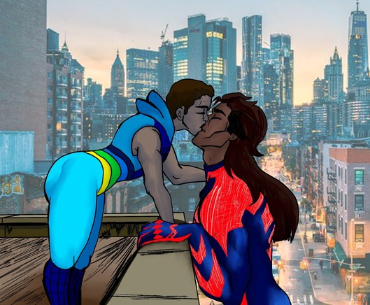Romantic moment between Spider-Man 2099 and The Cerulean Spider (Spider-man oc) in the city.
