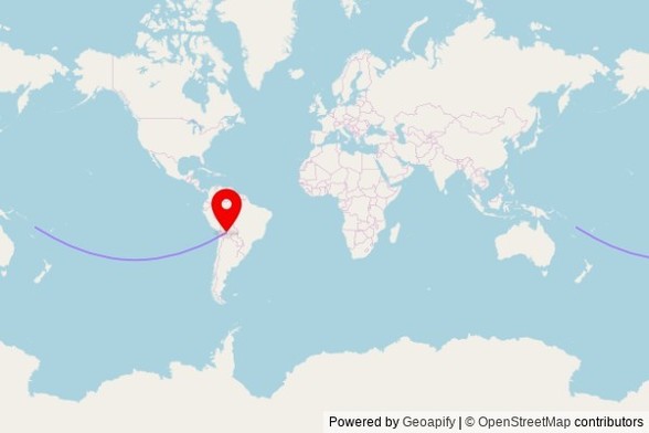 A map showing the great circle route from Banban in Vanuatu to a map pin at Catedral Basílica de Nuestra Señora de Guadalupe, Plaza 25 de Mayo, Sucre, Bolivia