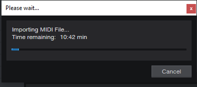 A loading screen saying that it will take 10 minutes to load a midi file.