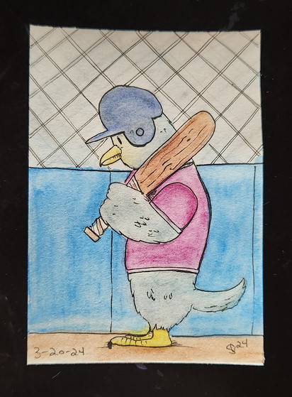Watercolor painting of a pigeon stepping up to bat.