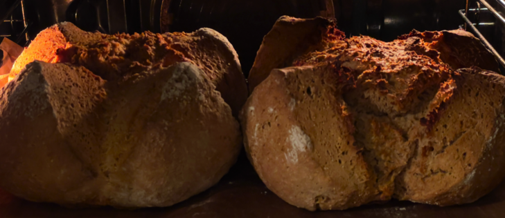 Blick in geöffneten Backofen, zwei goldbraun gebackene Brotlaibe liegen auf der Backfolie.