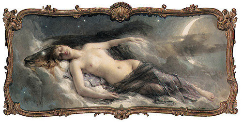 Oil painting of Luna as a naked woman asleep in the clouds, surrounded by stars. Her crotch and legs are covered with a transparent black fabric.
