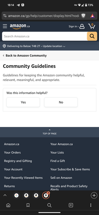 Screenshot of Amazon.ca's Community Guidelines page on a phone. The page has a Community Guidelines title and the subtitle "Guidelines for keeping the Amazon community helpful, relevant, meaningful, and appropriate" but no actual content, just buttons to vote if the content was helpful