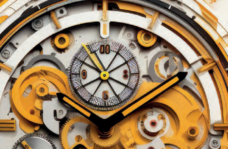 Das Bild zeigt den Anschnitt des Zifferblattes einer Uhr in orange, weiß und schwarz. Auf dem Zifferblatt sind diverse Zahnräder zu erkennen. 