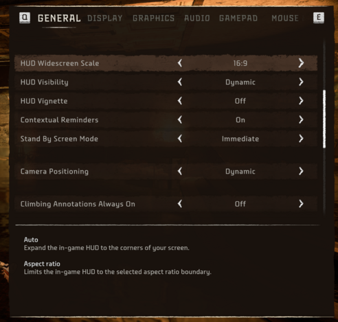 A screenshot of a Horizon Forbidden West settings menu on PC, with one of the options being HUD Widescreen Scale, set to 16:9 in the screenshot.
