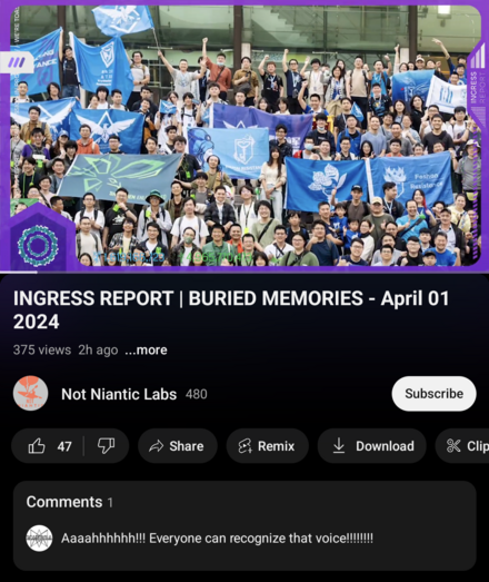 screenshot of YouTube video titled "INGRESS REPORT | BURIED MEMORIES - April 01 2024" by "Not Niantic Labs" with the video frame showing a group picture of Ingress agents with fraction flags