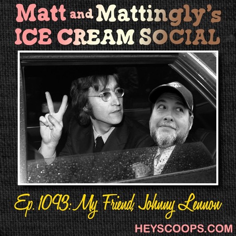 Friends Paul McMattingly and Johnny Lennon in the back of a limo. Johnny flashes a victory sign.