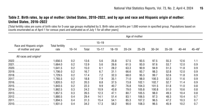 Table excerpt from report that shows TFR of 1.6565 in 2022 compared with 1.6640 in 2021. Full data at link in post.
