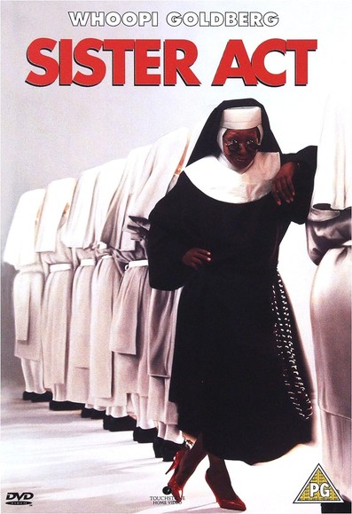 Movie poster (DVD cover) of Sister Act, featuring Whoopi Goldberg in black habit in a row of sisters with white habits 
Big red text: Sister Act.
Small white text above the title: Whoopi Goldberg.