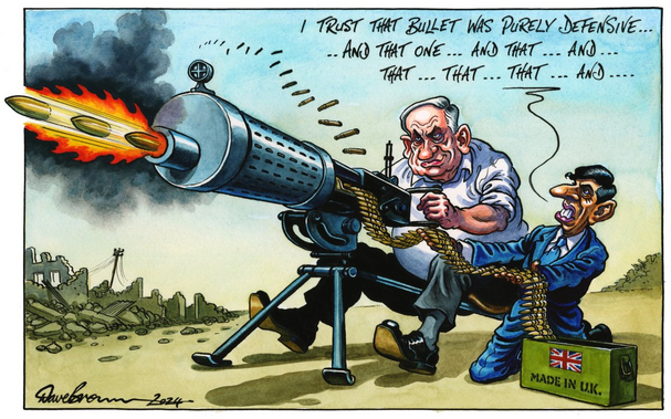 Captain Benjamin Netanyahu is firing fifty 50 calibre rounds into a completely devastated urban environ. His assistant corporalite Rishi Sunak is controlling the bullets into his heavy machine gun from his [<british flag> MADE IN U.K.] wooden ammunition 50 hole bullet box. 
I TRUST THAT BULLET WAS PURELY DEFENSIVE... ...AND THAT ONE... AND THAT... AND ... THAT... THAT... THAT... AND...