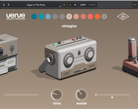 The interface for Verve Analog Machines showing the vintagize machine with drive, warble and gain controls