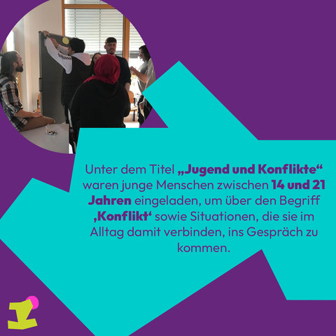 Grafisch aufbereitetes Bild der Veranstaltung mit dem Text „Unter dem Titel „Jugend und Konflikte“ waren junge Menschen zwischen 14 und 21 Jahren eingeladen, um über den Begriff ‚Konflikt‘ sowie Situationen, die sie im Alltag damit verbinden, ins Gespräch zu kommen.“