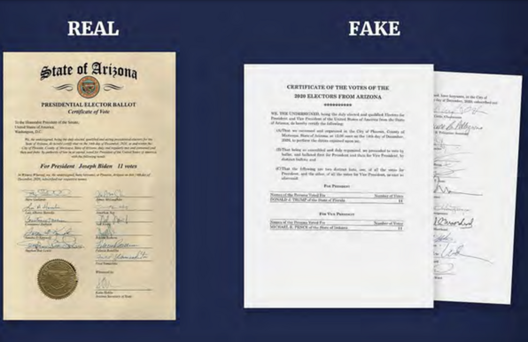 Comparison of ACTUAL State Elector document vs one of his Fake Elector documents.