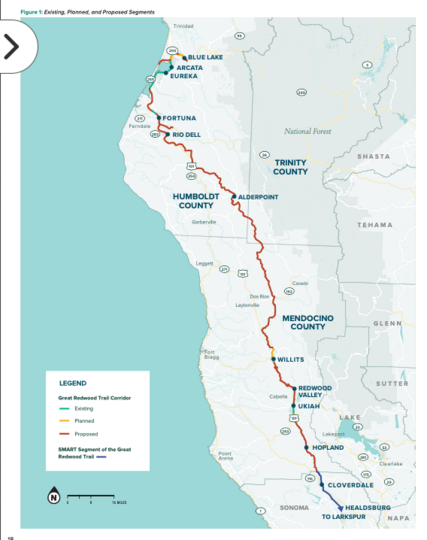 Map of the northern part of the route, almost all proposed, but with some short sections of planned and existing trail. It runs from Blue Lake (north of Arcata/Eureka) through Humboldt, a corner of Trinity, Mendocino, and Sonoma counties. This map ends between Cloverdale and Healdsburg, but continues on another map.