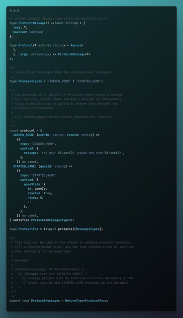 Screenshot of a code snippet that implements a type safe WebSocket message protocol for
