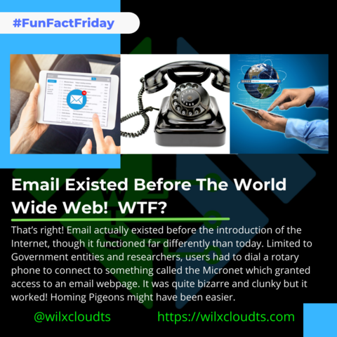 #FunFactFriday y - — A “,\” g \;i | —ay .(Q P Q\ ﬁ_ W, ‘ = A | % 2 78‘;& G r—— N = | é&—-i 5 e — ‘,_ /2 g Email Existed Before The World Wide Web! WTF? That's right! Email actually existed before the introduction of the Internet, though it functioned far differently than today. Limited to Government entities and researchers, users had to dial a rotary phone to connect to something called the Micronet which granted access to an email webpage. It was quite bizarre and clunky but it worked! Homing Pigeons might have been easier. 