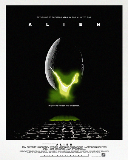 Movie poster for "Alien" with an egg against a dark space backdrop and the tagline "In space no one can hear you scream." Text indicates a limited theatrical return.