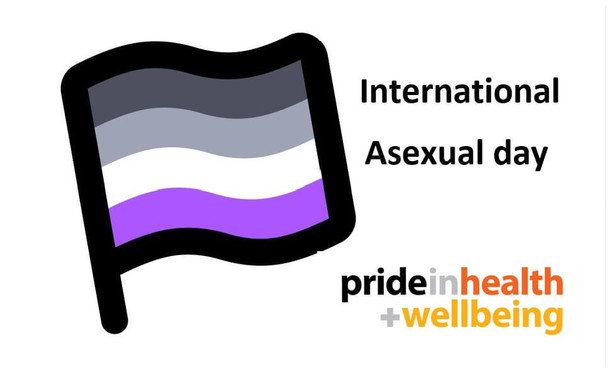Asexual (ACE) flag flying on left hand side. To the right is the title written in black “International Asexual Day”

Underneath in lowercase is written “pride in health + wellbeing”.

The flag itself consists of four horizontal stripes: black, grey, white and purple. The black represents asexuality, the grey stripe the grey between sexual and asexuality, the white sexuality and the purple community.