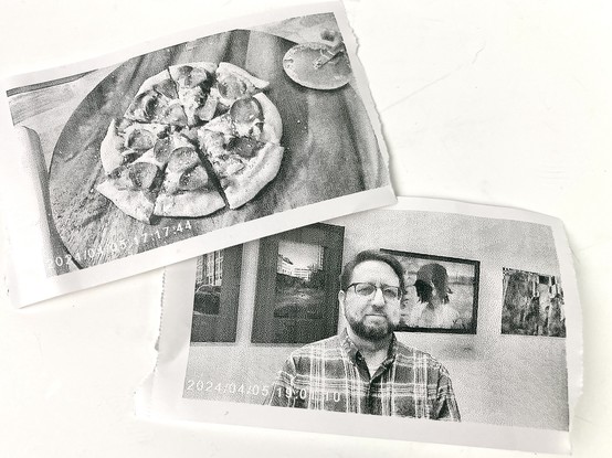 A photo of two thermal prints, one with a pizza, one with Pete.
