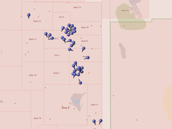 Kartierung aller Koordinaten von "Operation Latchkey (Atomtest)" im Testgebiet Nevada (Nevada National Security Site, NNSS)
Quelle: OpenStreetMap
Lizenz: Open Data Commons Open Database-Lizenz (ODbL)