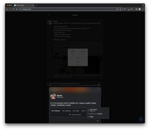 Screenshot of pixelfed account logged into phanpy