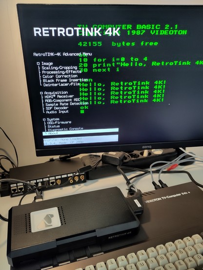 Videoton TVC BASIC screen with the RetroTink 4K OSD menu in overlay.