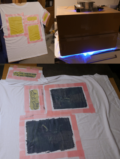 collage with the stages of printing. Top left: masking and sensitizing. Top right: exposing with UV light. Bottom: exposed shirt
