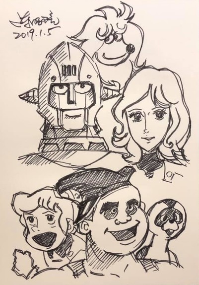 CF Fan Art von Jimmy Chen (schwarz-weiss): Zu sehen sind die Köpfe von Yiek, Grag, Joan, Ken, Otho und Oak...