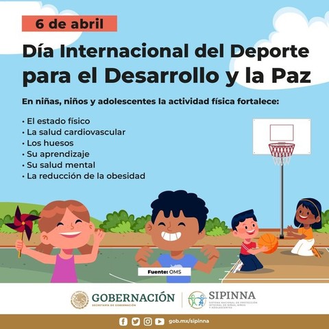 Sipinna @SIPINNA_MX

Día Internacional Del Deporte

para el desarrollo y la paz, la Sec Ejecutiva del #Sipinna te comparte algunos beneficios que fomentan la salud y el crecimiento óptimo en la niñez.