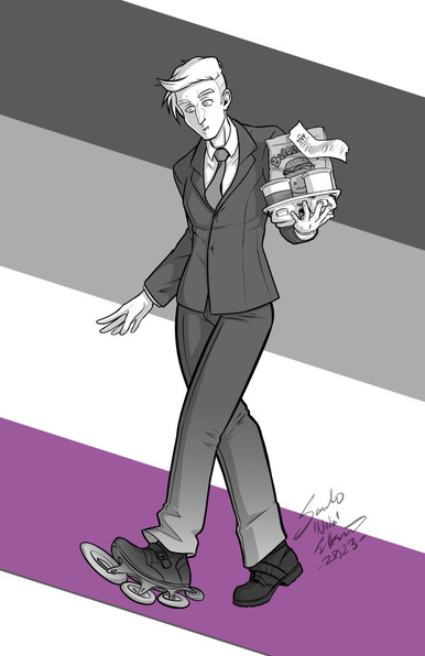 Digital illustration of Detective Page Simmons. They're a white person with hair that's shaved on the sides and back but long on top. Page wears a dark suit and tie and carries two cups in a drink carrier along with a bag of food from a fast food restaurant called "Burger Hat." They have on heavy black boots but their left foot is kicking forward as their boot transforms into an inline skate. Page appears to be amused by this. A signature on the image reads "Sarah 'Neila' Elkins 2023" 

The colors of the Asexual Pride flag are at an angle behind them, black, gray, white, and purple.