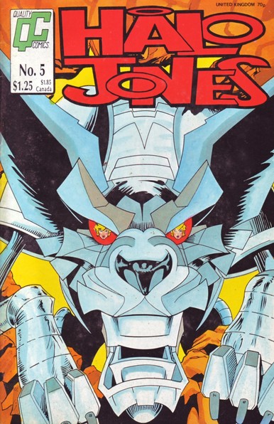 The front cover of Halo Jones No 5, published in November 1987, featuring cover art by an unknown artist of Toby, an Iliac 600 Ripper robot dog, moving menacingly towards Halo.