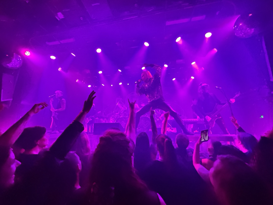 Lord of the Lost on Stage bathed in pink light. The crowd have their hands in the air