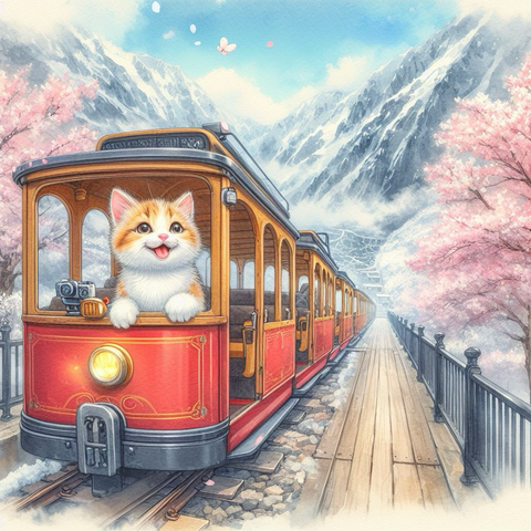 子猫は雪解け後が残る山間を走るレトロな赤色のトロッコ電車に乗っている。電車はトンネルを抜けた先に現れた咲き誇った山桜並木の景色に差し掛かり笑顔で夢中になってスマホを持って動画を撮っていた。