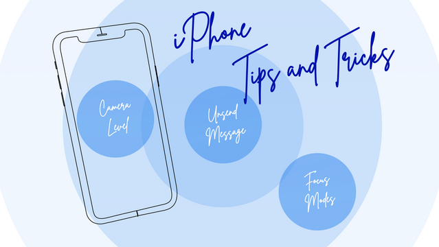 iPhone Tips and Tricks / A continuous line drawing of an iPhone over circular blue-colored topics of camera level, unsend message, and focus modes - Illustration by Michael Blank