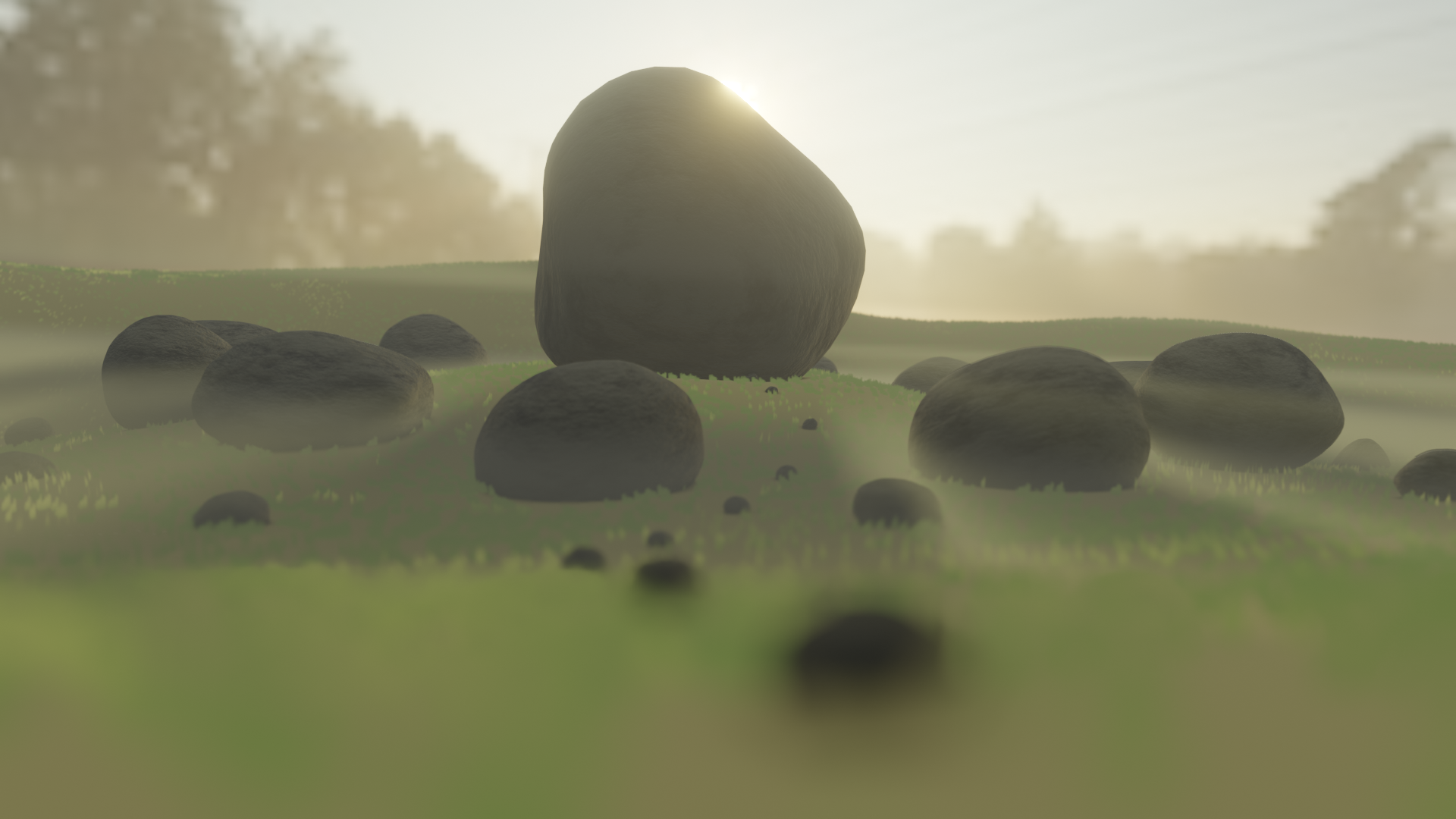 A 3D model of a foggy morning scene, with the rising sun peeking past a large boulder on top of a small grassy hill, surrounded by rings of smaller boulders. A trail of tiny boulders leads from the camera up to the base of the large boulder, with the final one nestled under to prop the large boulder upright.